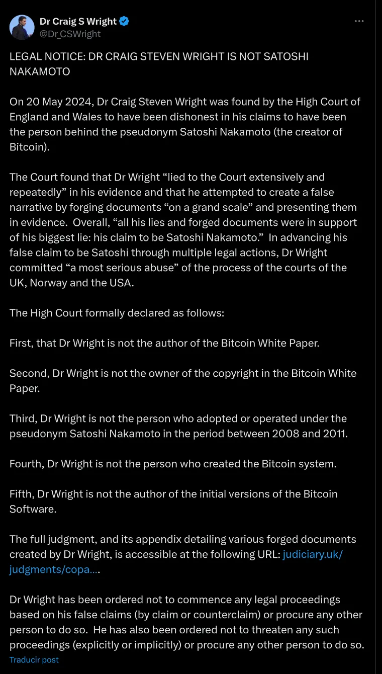 Todos somos Satoshi menos Craig Wright