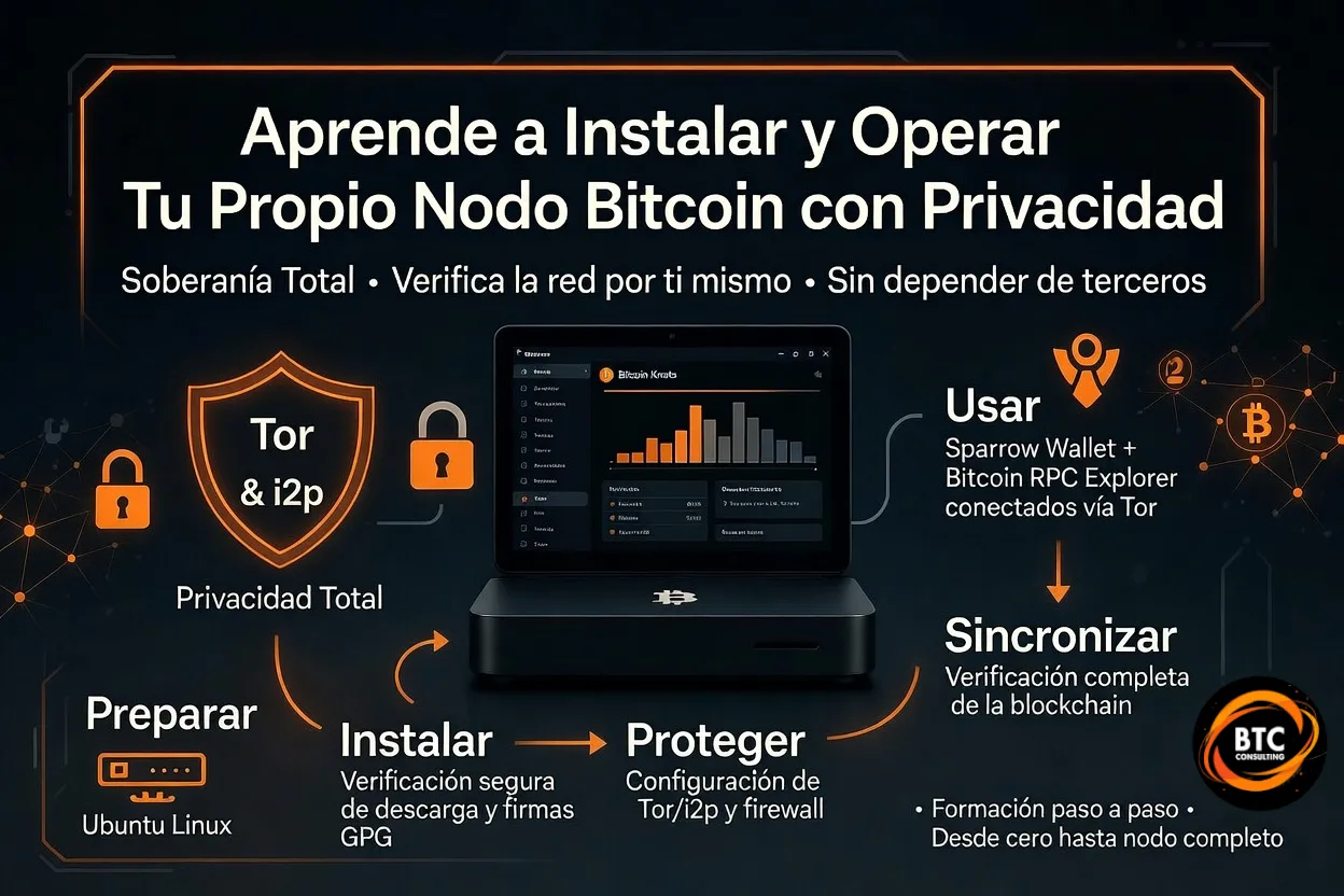 Esquema de la formación de nodos: preparar en Ubuntu Linux, instalar verificando firmas GPG, proteger con Tor, i2p y firewall, sincronizar la blockchain y usar Sparrow Wallet y Bitcoin RPC Explorer