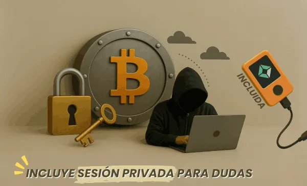 Persona encapuchada con un portátil junto a una caja fuerte con el símbolo de Bitcoin, un candado, una llave y un dispositivo de firma incluido