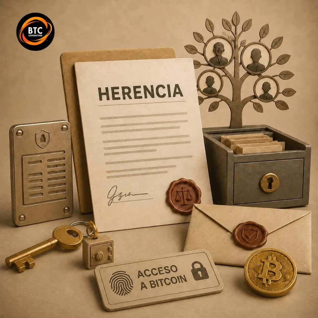 Documento de herencia con sello de lacre, árbol genealógico, caja fuerte, llaves, una moneda de bitcoin y una tarjeta de «Acceso a Bitcoin»